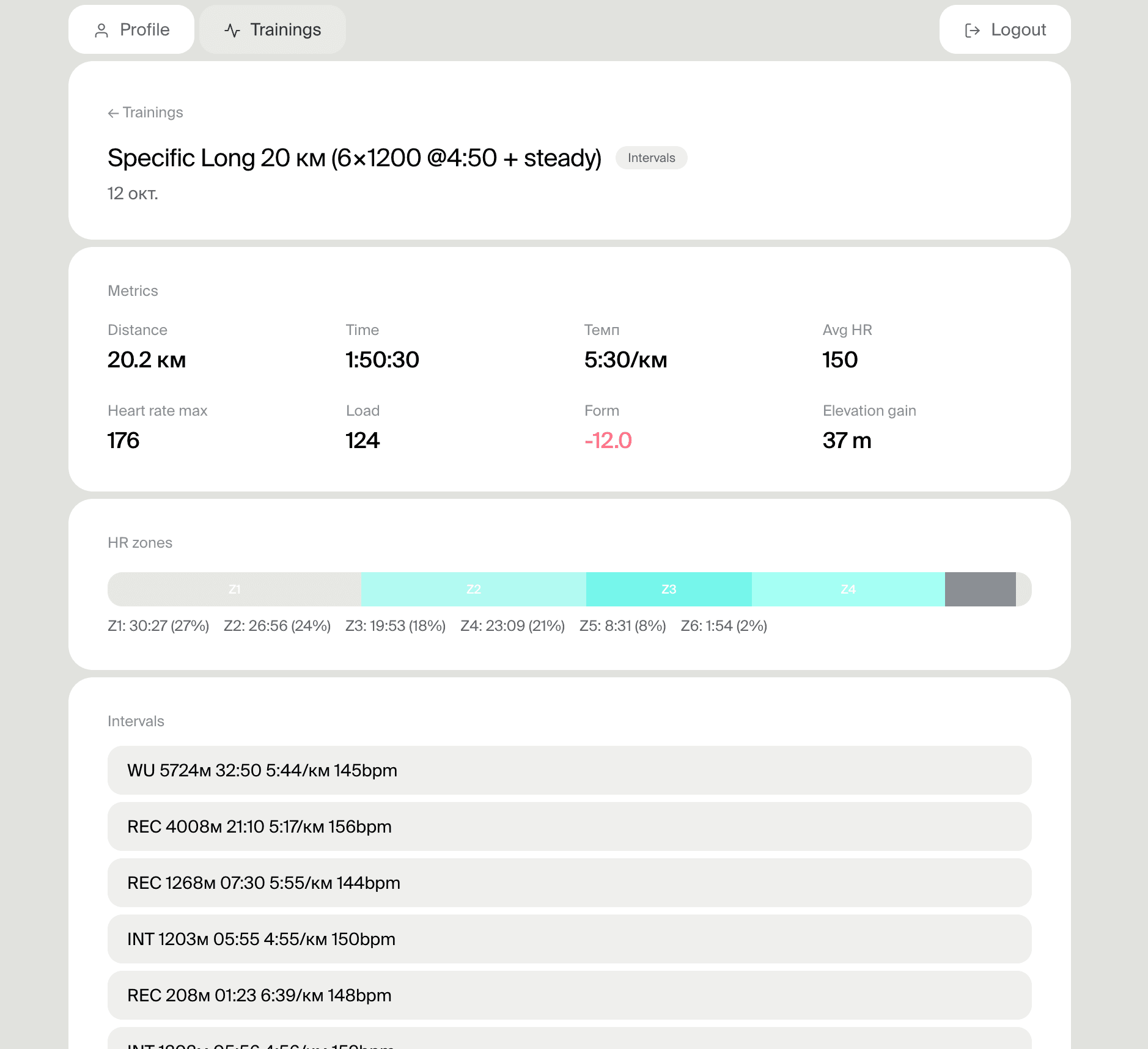 STAS training detail showing workout load and intervals context from Intervals.icu